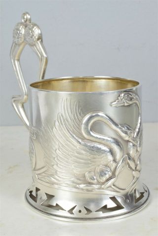 Vtg Podstakannik Solid Silver Russian Tea Glass Holder With Glass Swans