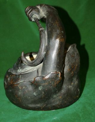 RARE ANTIQUE CHINESE JAPANESE BRONZE MASK FACE INCENSE BURNER FLYSWAT WIDE MOUTH 6