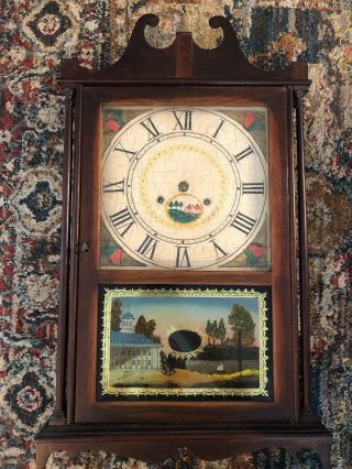 Large Antique Eli Terry Pillar And Scroll Clock Hand Painted Movement Key Refurb
