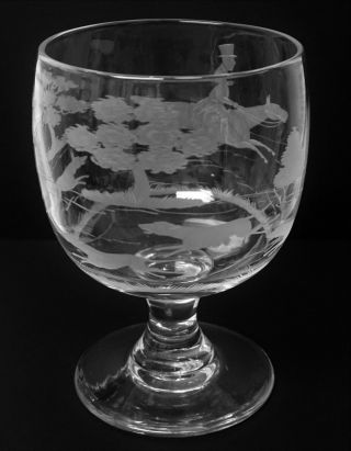 Early Large Engraved Footed Glass Bowl / Ceremonial Goblet W/ Fox Hunt Horse