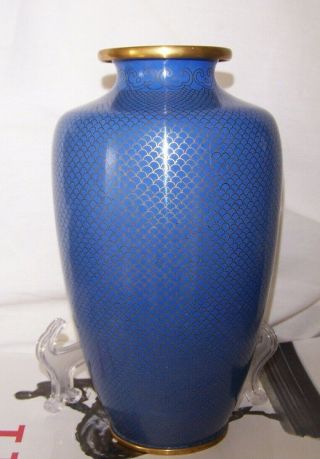 Large Blue Fish Scale Chinese Cloisonne Enamel Vase Gold Gilt Label