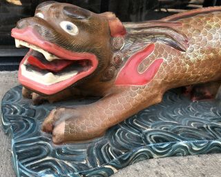 Fine L.  19th c.  Qing Chinese Carved & Polychrome Painted Temple Guardian Lion 3