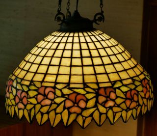 Stained Leaded Slag Glass Ceiling Lamp C.  1915 Handel? Unique? Geometric Flowers