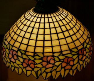Stained Leaded Slag Glass Ceiling Lamp c.  1915 Handel? Unique? Geometric Flowers 2