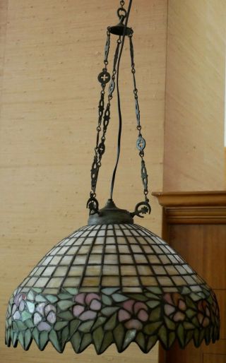 Stained Leaded Slag Glass Ceiling Lamp c.  1915 Handel? Unique? Geometric Flowers 3