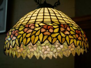 Stained Leaded Slag Glass Ceiling Lamp c.  1915 Handel? Unique? Geometric Flowers 7
