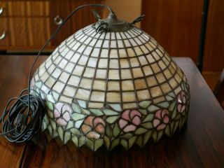 Stained Leaded Slag Glass Ceiling Lamp c.  1915 Handel? Unique? Geometric Flowers 8