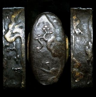 165 Japanese Samurai Edo Antique Mumei Jyakushi sansui zu pair Fuchi Kashira. 2