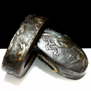 165 Japanese Samurai Edo Antique Mumei Jyakushi sansui zu pair Fuchi Kashira. 3