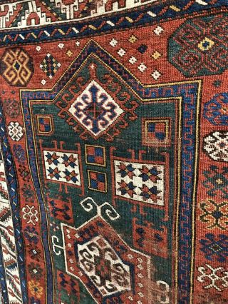 Auth: 19th C Antique Kazak Rare Fachralo Prayer Rug Green Village Beauty 5x4 Nr