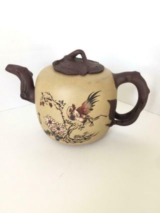 Rare Signed Chinese Antique Yixing Stoneware Rooster Calligraphy Teapot