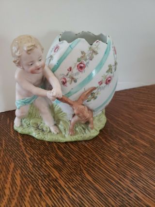 Antique Gebruder Heubach Boy & Decorative Egg,  Rabbit Figurine - German - Porcelain