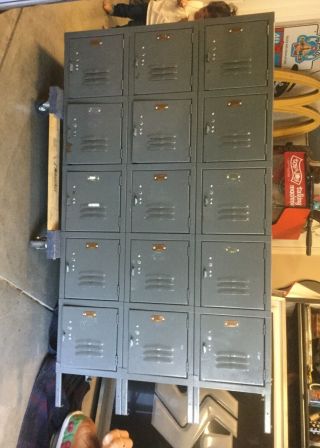 Vintage Gray Metal Steel 15 Door Dayton Lockers Industrial School Gym Cubby Bins