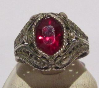 19th.  / 20th Century Silver Ring With Filigree And Red Stone 522