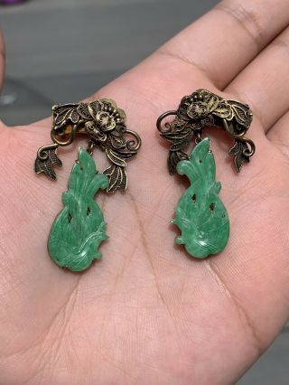 Gorgeous Fine Jadeite Apple Green Earrings With Great Carvings Qing