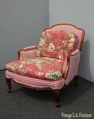 Vintage French Country Ethan Allen Red Plaid Floral Accent Chair Feather Cushion