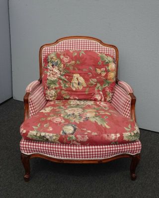 Vintage French Country Ethan Allen Red Plaid Floral Accent Chair Feather Cushion 2