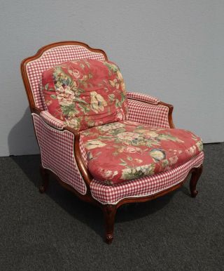 Vintage French Country Ethan Allen Red Plaid Floral Accent Chair Feather Cushion 3