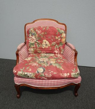Vintage French Country Ethan Allen Red Plaid Floral Accent Chair Feather Cushion 4