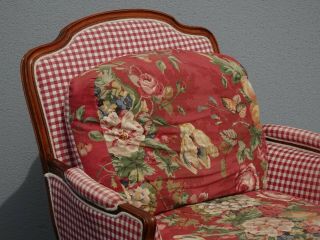 Vintage French Country Ethan Allen Red Plaid Floral Accent Chair Feather Cushion 6