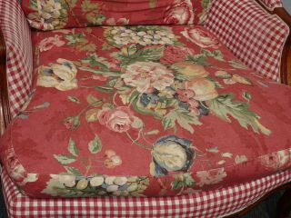 Vintage French Country Ethan Allen Red Plaid Floral Accent Chair Feather Cushion 7