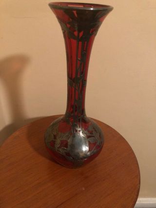Art Nouveau Alvin Mfg 999 Sterling And Ruby Red Glass Vase