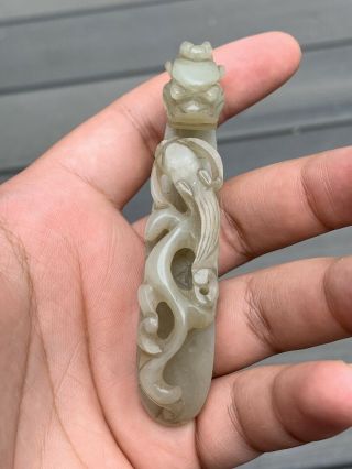 Outstanding Antique Chinese White Jade Belt Hook Fine Dragon And Carving Qing