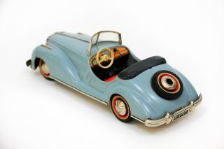 Vintage Distler Clockwork Tin Car Mercedes Benz Cabriolet Convertible Blue Grey 7