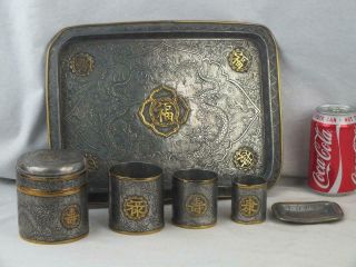 19th C Chinese Pewter And Brass Dragons Phoenix Containers And Tray