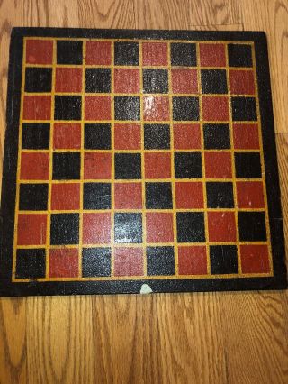 Primitive Antique Hand Made Painted Game Board Checkerboard Red Black Yellow