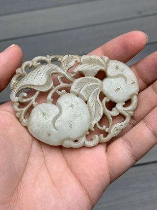 Outstanding Antique Chinese White Jade Plaque Of Peaches Fine Carving Qing