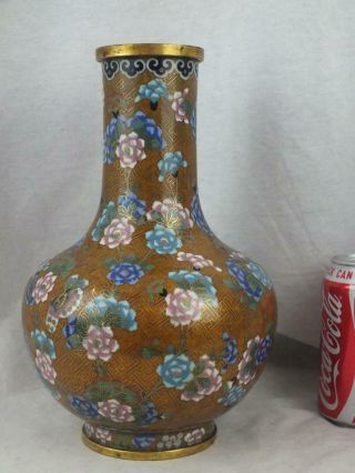 19th C Chinese Gilt On Copper Cloisonne Brown Bottle Vase