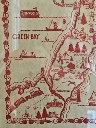 Rare 1940s Wisconsin Tourist Map Door County Green Bay Cartoon D.  L.  Heise VTG 2