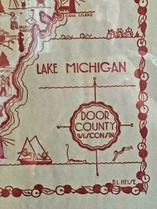 Rare 1940s Wisconsin Tourist Map Door County Green Bay Cartoon D.  L.  Heise VTG 4