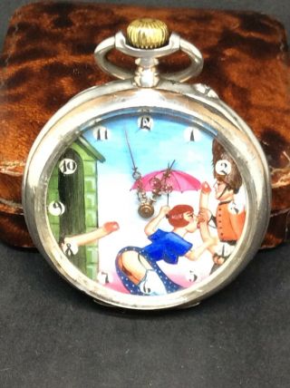 1889 Silver Longines Grand Prix Erotic Automaton Deco Pocket Watch Queens Guard