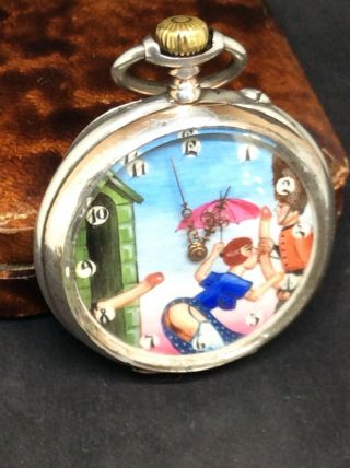 1889 Silver Longines Grand Prix Erotic Automaton Deco Pocket Watch Queens Guard 4