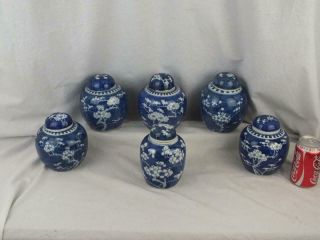 Six Antique Chinese Porcelain Blue & White Prunus Jars And Covers