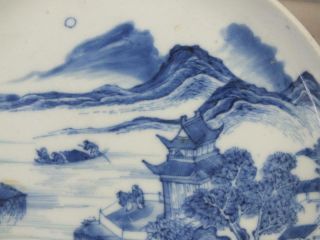 FINE 19TH C CHINESE 4 CHARACTER MARKS BLUE & WHITE LANDSCAPE SAUCER DISH A/F 2