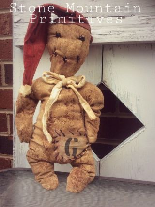 Primitive Grungy Folk Art Rag Stuffed Gingerbread Doll Christmas In July