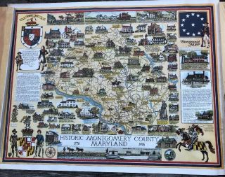Rare Vintage Folk Art Historical Montgomery County Maryland Bicentennial Map