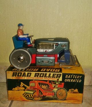 1950 ' s Nomura Tin Road Roller/Tractor B/O Or.  Box No Yonezawa No Space Toy Robot 2