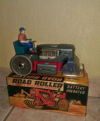 1950 ' s Nomura Tin Road Roller/Tractor B/O Or.  Box No Yonezawa No Space Toy Robot 3
