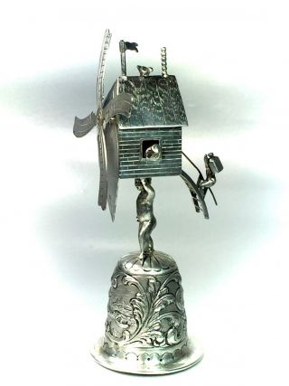 Ornate Antique Dutch 833 Silver Figural Bell Miniature Windmill Marked 129 Grams