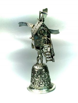 Ornate Antique Dutch 833 Silver Figural Bell Miniature Windmill Marked 129 Grams 2
