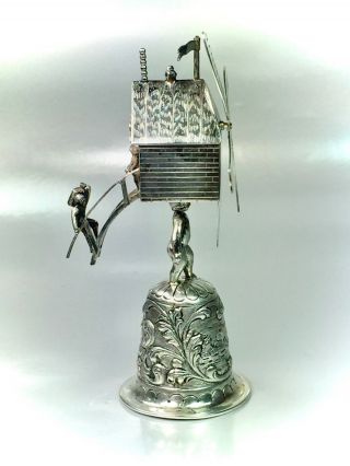 Ornate Antique Dutch 833 Silver Figural Bell Miniature Windmill Marked 129 Grams 3