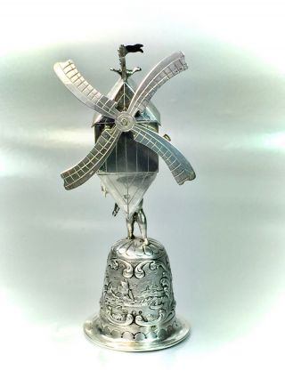 Ornate Antique Dutch 833 Silver Figural Bell Miniature Windmill Marked 129 Grams 4