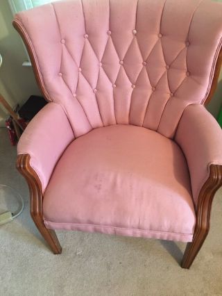 Vtg French Pink Silk Print Wing Back - Quilted Boudoir/ Living Rm - Local Pickup