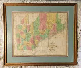 Rare 1834 Samuel Augustus Mitchell Maine Hampshire Vermont Pocket Map Framed