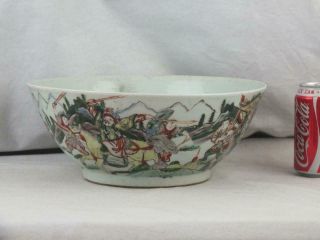 Large 19th C Chinese Famille Verte Figures Warriors Punch Bowl - Leaf Mark