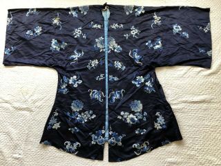 Antique 19th Century Qing Dynasty Embroidered Silk Robe Moths Florals Chinese